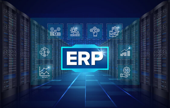 ERP Cloud Server System Software Automation - Enterprise Resource Planning (ERP) solution software or application construction concept on virtual screen.