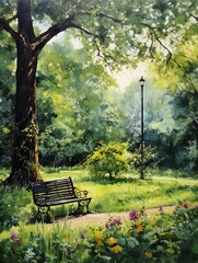 Romantic Parisian Meadow Painting: Lush Green Parks and Street Scenes