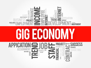 Gig Economy is the economic system by which a workforce of people engage in freelance and side-hustle work, word cloud concept background