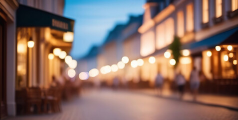 Abstract blur evening city street road lighting bokeh for background. Defocused street scene. Blurred of main street, headlamps. Outdoor busy modern life concept. Suitable for web and magazine layouts - obrazy, fototapety, plakaty
