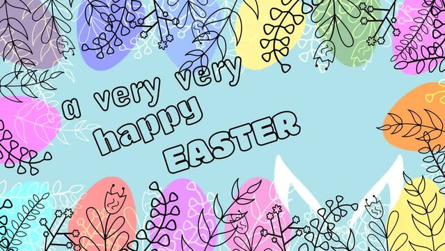 a very very happy easter blessings on beautiful decorated egg frame with moving plant branches and swinging easter ears.