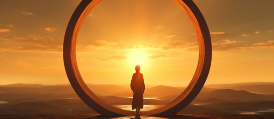 woman standing with round frame at sunset - obrazy, fototapety, plakaty