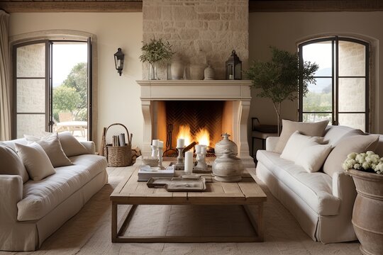 French Country Sofa Decor: Elegant Minimalist Fireplace Room Setting