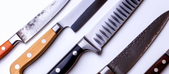 Collection of assorted kitchen knives arranged neatly on a clean white background
