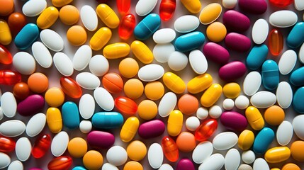 Fototapeta premium Fill the view of different coloured pills and capsules. Medical care concept. Generative AI