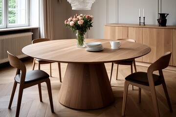 Fototapeta na wymiar Minimalist Flat Interior: Round Wooden Dining Table Centerpiece