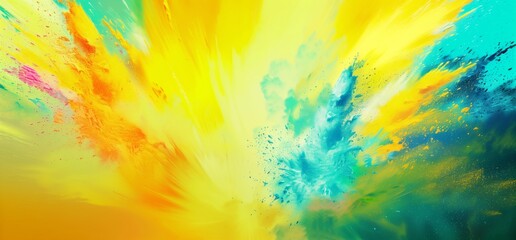 Fototapeta na wymiar Colorful background depicts explosions and exploding powder, in the style of dark yellow and light aquamarine, fluid brush strokes, minimalist backgrounds, bold lines, bright colors.