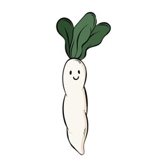 Radish cartoon. Radish Character Mascot. Radish on white background. for poster, banner, web, icon, mascot, background. Hand drawn. Vector illustration