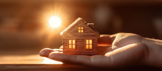 small wooden house in child's hands at sunset, property business concept
