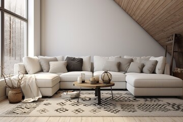 Rustic Scandinavian Living Room with White Sofa and Geometric Rug Patterns in Mid-Century Aesthetics