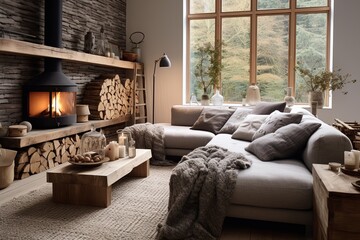 Rustic Scandinavian Living Room with Loft-Inspired Grey Daybed and Cozy Fireplace Settings