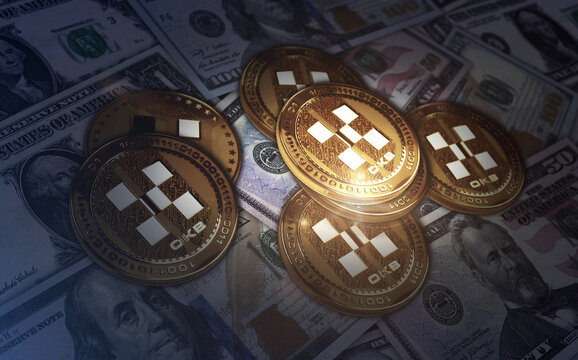 OKX OKB cryptocurrency golden coin 3d illustration