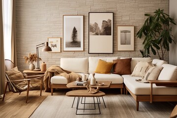 Rustic Scandinavian Living Room: Mid-Century Vibes with Wooden Side Tables and Beige Walls