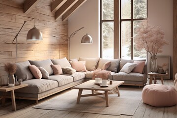 Pastel Pendant: Rustic Scandinavian Living Room with Cozy Seating