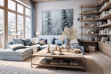 Rustic Scandinavian Living Room: Modern Design with Open Spaces and Blue Accents