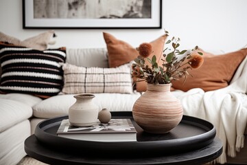 Fototapeta na wymiar Scandinavian Boho Room: Terra Cotta Pillow Accents & Black Coffee Table Elegance