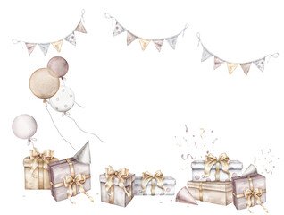 Watercolor gift boxes with gold bows and balloon and flag for birthday . party popper and exploding confetti. Hand drawing illustration on isolated background. For holidays design pastel colors.