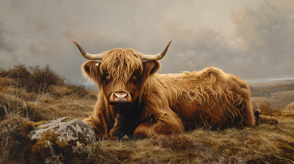 A highland cattle cow resting