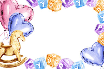 watercolor horizontal frame of child theme with wooden vintage rocking horse, blue and pink foil air balloons, blue, beige and lilac cubes with letters isolated on white background