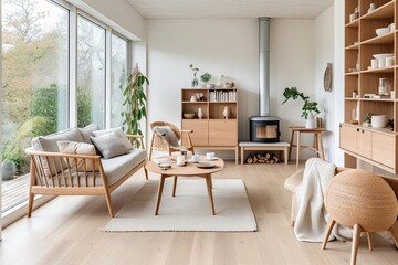 Fototapeta na wymiar Coastal Vibes: Scandinavian Mid-Century Living with Light Wooden Furniture