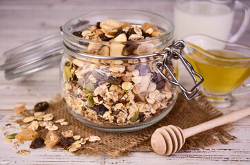 Muesli in a jar. Close-up. Healthy breakfast.	