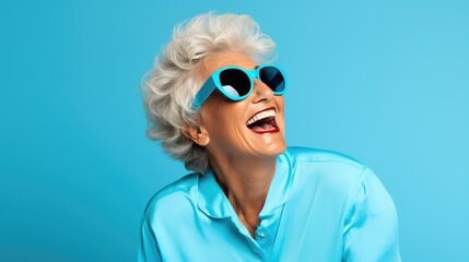 Cheerful Elderly Woman with Blue Sunglasses