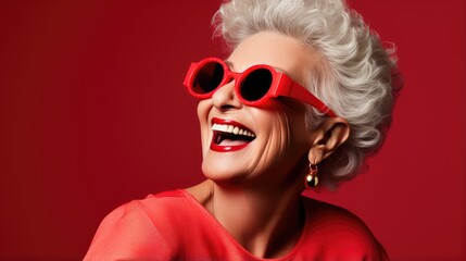 Elegant Elderly Woman in Chic Red Attire - obrazy, fototapety, plakaty