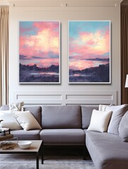 Dusk Palette: Modern Serene Lakeside Sunset Abstract Landscape