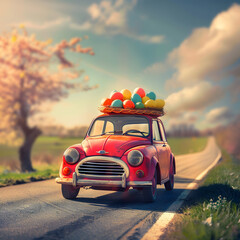 Vintage car full of colorful Easter eggs on the road with grass and spring flowers. Concept of Easte travel, transport and logistics.