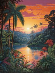 Serene Lakeside Sunset: Rainforest Landscape with Lake Amidst Jungle