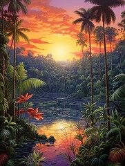Fototapeta na wymiar Tranquil Rainforest Sunset: Serene Lakeside Painting of Lake Amidst Jungle