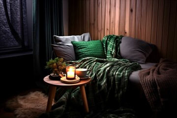 Modern winter hygge set in living room with dark green interior elements, soft pillows, plaid on sofa, mug and scented candles