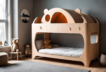 a bunk bed shaped like a bear. The top bunk is located inside the bear's head, and the bottom bunk is underneath the bear's belly.  - obrazy, fototapety, plakaty