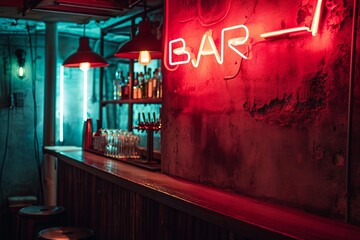 bar red glowing neon sign on a brick wall indoor. Interior decoration. - Powered by Adobe