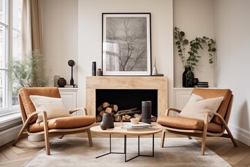 Scandinavian Mid-century Retreat: Classic Leather Armchairs and Twig Accents in Serene Living Spaces