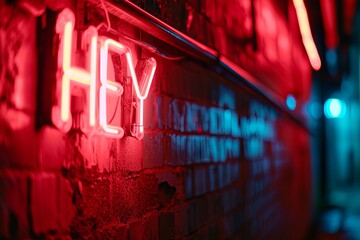 HEY red neon sign on a brick wall of a bar or club. Nightlife and party concept. Dating. 