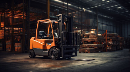 Fototapeta na wymiar Orange Forklift at Work in Warehouse