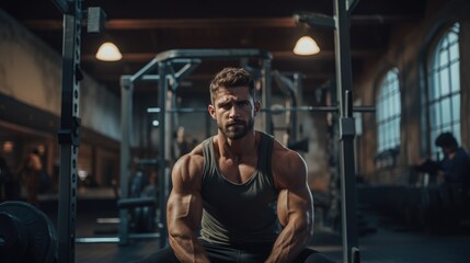 Fototapeta na wymiar Bodybuilder in Gym Focused on Lifting