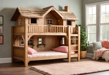 a bunk bed that looks like a dollhouse. The bunk bed is made of wood - obrazy, fototapety, plakaty