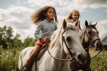 Obraz premium Cute little girl riding a white horse with her friend on a sunny day