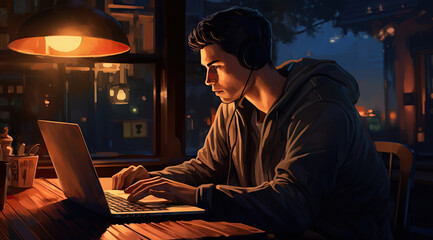 Man with Headphones Using Laptop at Dusk