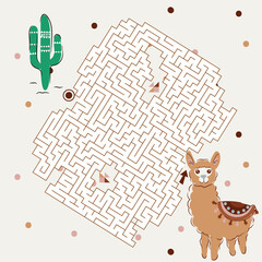 Maze labyrinth game Llama vector illustration. Square format puzzle for kids