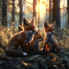 Foxes standing in the forest with setting sun shining. Group of wild animals in nature.