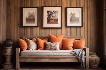 Terra Cotta Pillow Accents: Daybed Sofa Styling with Rustic Wall and Art Poster