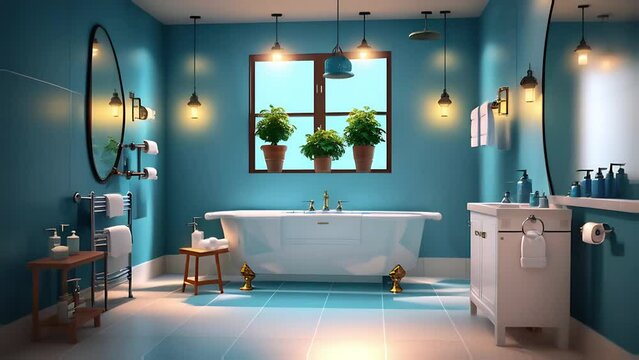 interior of bathroom bohemian style with blue walls, window and green plants.