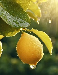 Zitrone mit Wassertropfen auf dem Baum - Sonne scheint