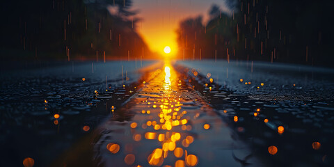 Suns corona shimmering in puddle reflection, Street view at night after rain, when it's wet, 

