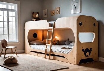 a bunk bed with a metal ladder. The bunk bed itself is made of wood - obrazy, fototapety, plakaty