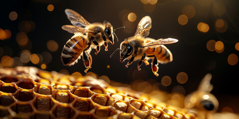 The queen apis mellifera marked with dot and bee workers around her life of bee colony
 - obrazy, fototapety, plakaty
