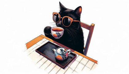 black cat drinks a Japanese tea